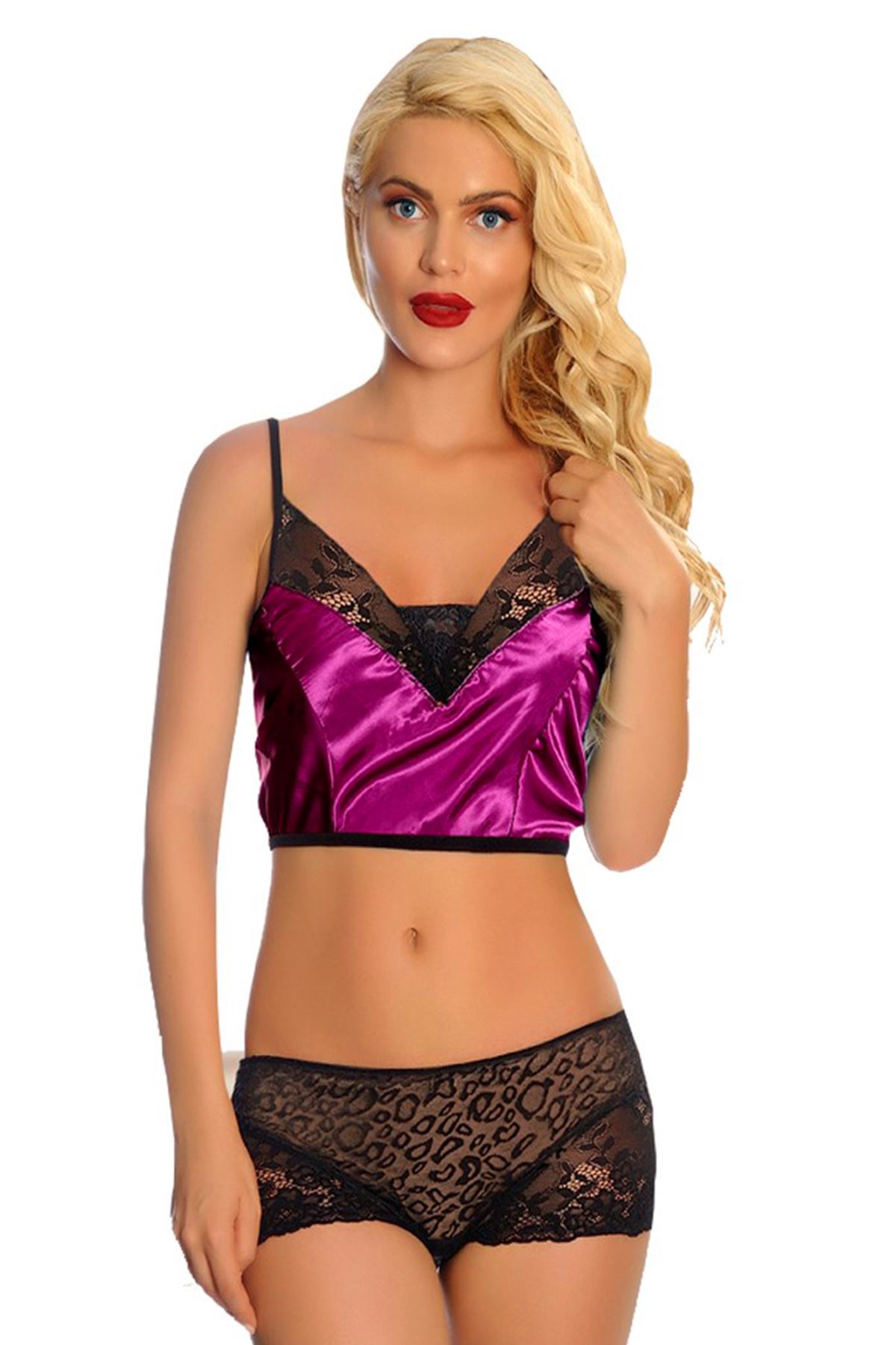 0010852-mor-saten-dantelli-babydoll-sortlu-takim-287.jpeg Mor Saten Dantelli Babydoll Şortlu Takım - Görsel 1