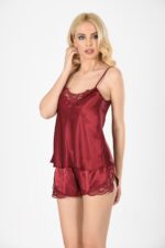 Bordo Saten Babydoll Şortlu Takım - Görsel 2