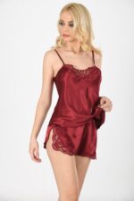 Bordo Saten Babydoll Şortlu Takım - Görsel 3