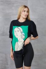 Kadın Silüet Baskılı Bisiklet Yaka Oversize T-shirt - Görsel 2