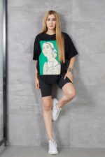 Kadın Silüet Baskılı Bisiklet Yaka Oversize T-shirt
