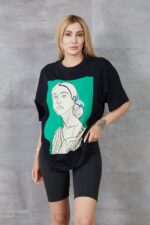 Kadın Silüet Baskılı Bisiklet Yaka Oversize T-shirt - Görsel 4