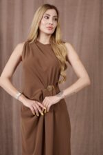 Kadın Kalın Askılı Yırtmaçlı Linda Kumaş Elbise Kahve - Görsel 3