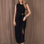 Kadın Kalın Askılı Yırtmaçlı Linda Kumaş Elbise