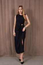 Kadın Kalın Askılı Yırtmaçlı Linda Kumaş Elbise