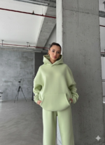 3 iplik şardonlu kapşonlu sweatshirt mint p510436