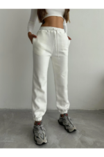 3 iplik şardonlu paça lastikli eşofman beyaz