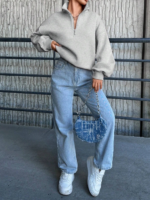 3 iplik Şardonlu yarım fermuarlı sweatshirt gri - Görsel 3