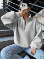 3 iplik Şardonlu yarım fermuarlı sweatshirt gri - Görsel 4
