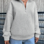 3 iplik Şardonlu yarım fermuarlı sweatshirt gri