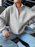 3 iplik Şardonlu yarım fermuarlı sweatshirt gri - Görsel 2