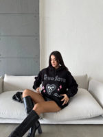 3 iplik şardonlu oversize true baskılı sweat siyah - Görsel 3