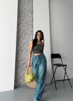 Baggy taş enzim bıyık yı jeans pantolon yeşil tint - Görsel 2