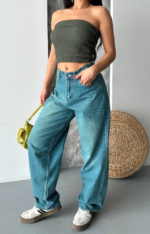 Baggy taş enzim bıyık yı jeans pantolon yeşil tint