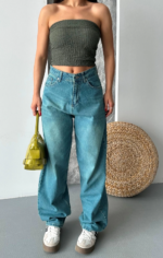Baggy taş enzim bıyık yı jeans pantolon yeşil tint - Görsel 4