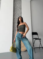 Baggy taş enzim bıyık yı jeans pantolon yeşil tint - Görsel 5