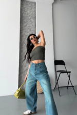 Baggy taş enzim bıyık yı jeans pantolon yeşil tint - Görsel 6