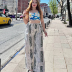Baskılı Bağcıklı keten pantolon