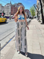 Baskılı Bağcıklı keten pantolon