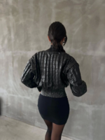 Beli büzgülü crop deri ceket siyah - Görsel 2