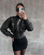 Beli büzgülü crop deri ceket siyah - Görsel 3