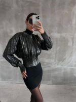 Beli büzgülü crop deri ceket siyah - Görsel 4