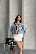 Çift cepli kol katlamalı kar yı crop kot ceket buz mavi - Görsel 3