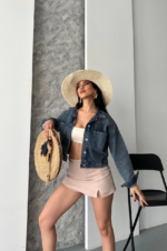 Çift cepli kol katlamalı kar yı crop kot ceket kahve tint - Görsel 2