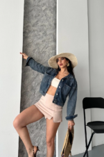 Çift cepli kol katlamalı kar yı crop kot ceket kahve tint - Görsel 6