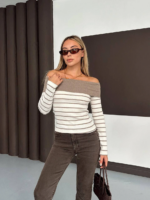 Çizgili madonna yaka kaşkorse bluz bej a844 - Görsel 2
