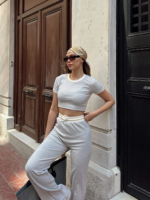 Crop pantolon biyeli takım gri - Görsel 6