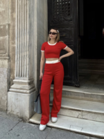Crop pantolon biyeli takım kırmızı - Görsel 6