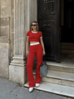 Crop pantolon biyeli takım kırmızı - Görsel 4