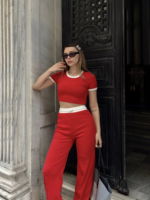 Crop pantolon biyeli takım kırmızı - Görsel 3