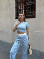 Crop pantolon biyeli takım mavi - Görsel 7