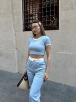 Crop pantolon biyeli takım mavi - Görsel 6