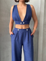 Crop pantolon keten takım s255012 - Görsel 3
