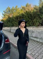 Fermuar detaylı fitilli şardonlu elbise siyah - Görsel 5