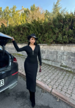 Fermuar detaylı fitilli şardonlu elbise siyah - Görsel 6