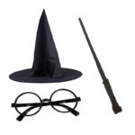 Harry Potter 3'lü Kostüm Seti - Şapka, Gözlük ve Asa