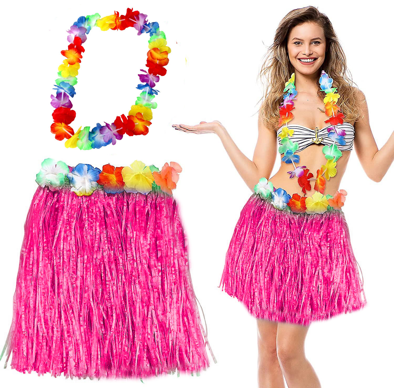 hawaii-luau-aloha-pembe-puskullu-resim-4315.jpg Pembe Hawaii Hula Etek ve Çiçek Kolye Aksesuar Seti - Görsel 1