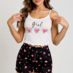 Kalp Desenli Askılı Şortlu Pijama