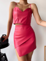 Kapaklı asimetrik model deri etek pembe - Görsel 3