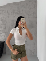 kaşkorse yaka fermuarlı bluz beyaz - Görsel 6