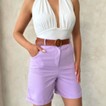 Kemerli gabardin şort lila s25735