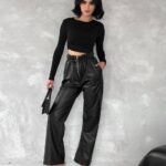 Kendinden ince kemerli deri pantolon siyah