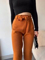 Kendinden kemerli triko pantolon camel - Görsel 2