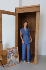 Keten yelek pantolon takım indigo pt - Görsel 5