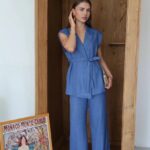 Keten yelek pantolon takım indigo pt