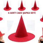 6'lı Paket Kırmızı Keçe Cadı Şapkası Seti